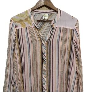 Fig & Flower Women's Top Contrast Stripes Pink‎ Green Floral Sheer M Cottagecore